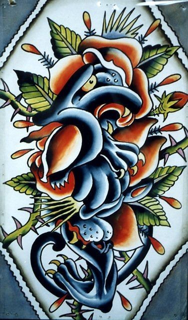 Colorful smashing panther and rose flower parts tattoo design