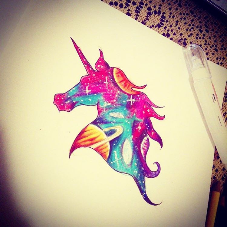 Colorful space-view unicorn silhouette tattoo design