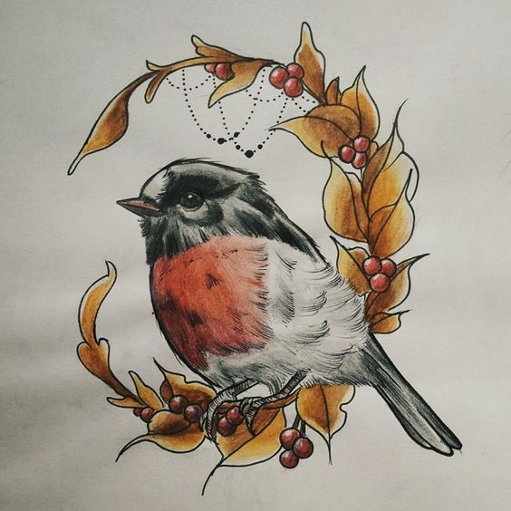 Colorful sparrow sitting on autmn berried wreath tattoo design