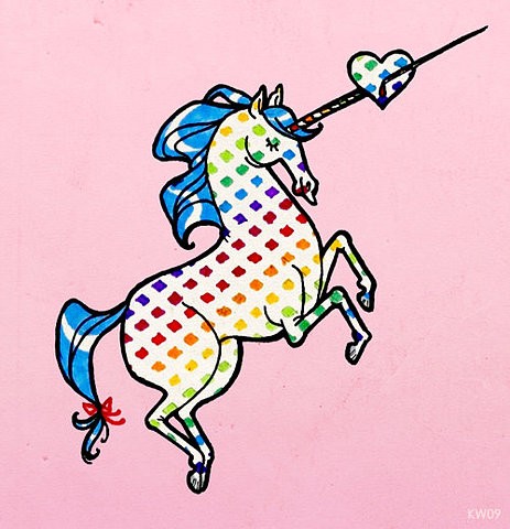 Colorful square-patterned unicorn piercing a little heart with its horn tattoo design