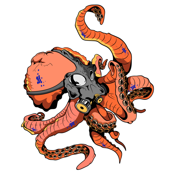 Colorful steampunk octopus in black gas mask tattoo design