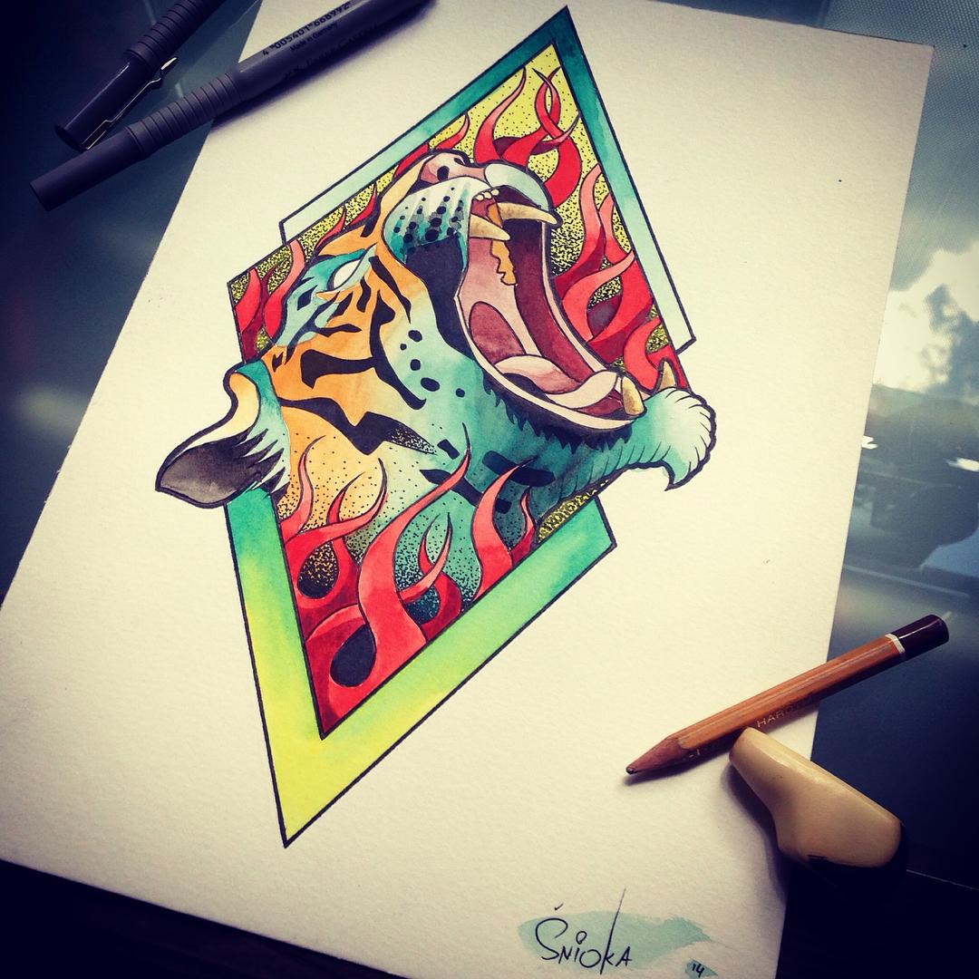 Colorful tiger burning in fire frame tattoo design by Martynas Snioka