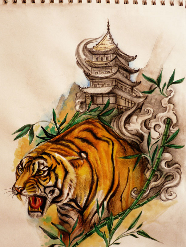 Colorful tiger in bamboo stems and huge chinese building tattoo design