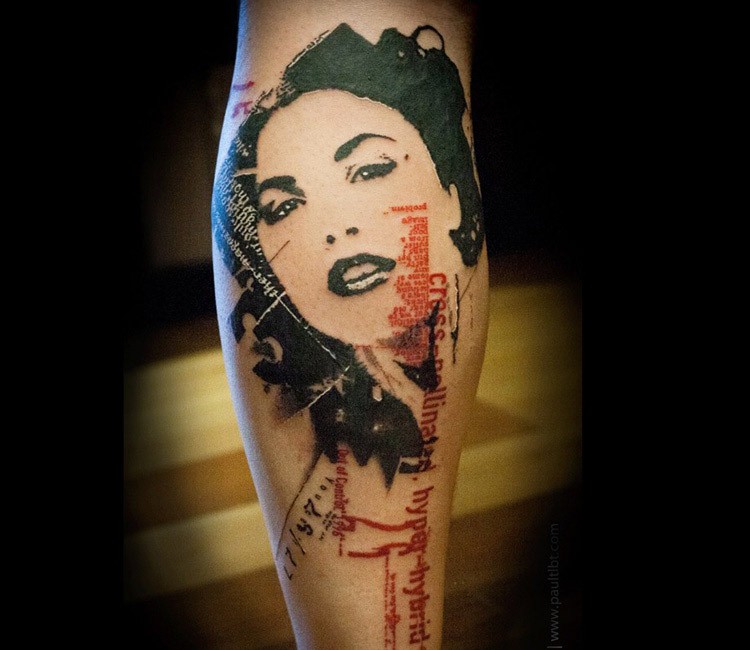 Colorido tatuaje de pierna polka estilo basura de mujer sext con letras
