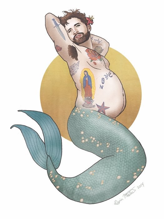 Colorful trash tattooed man mermaid tattoo design