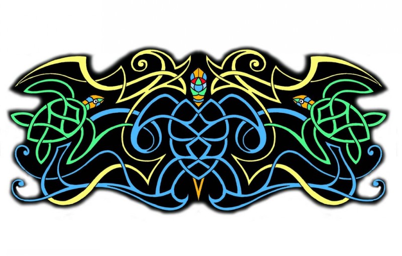 Colorful turtle trio and swirly lines tattoo design