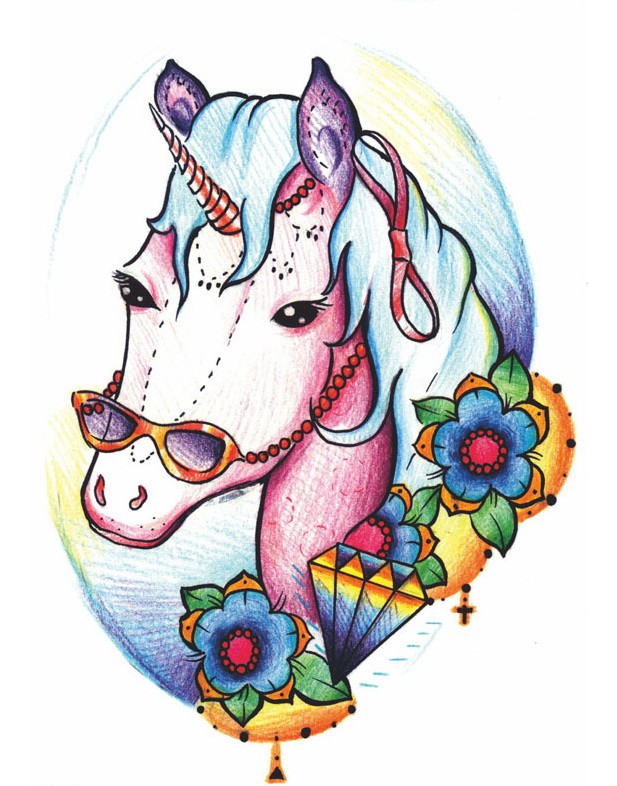 Colorful unicorn in glasses with flowers and diamonds tattoo design