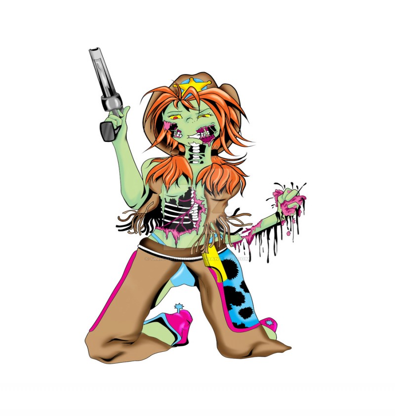 Vaqueira zombie colorida com uma arma de pé sobre os joelhos por Unicorn Kiddo