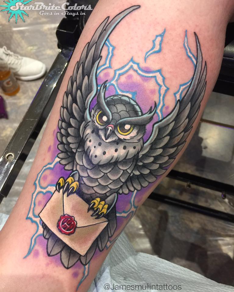 Colorfull owl and letter tattoo