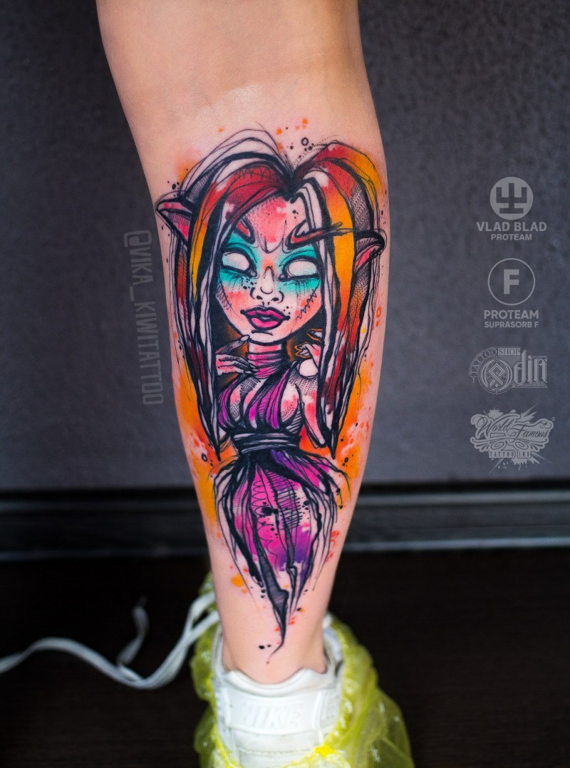 Colorfull tattoo of a girl on leg