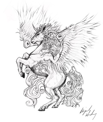 Colorles curly-fur winged jumping unicorn tattoo design