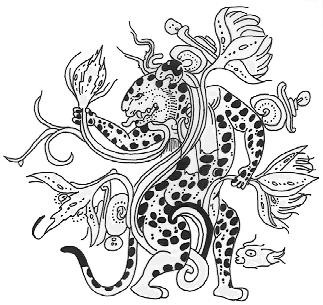 Colorless aztec jaguar and high-stemmed flowers tattoo design