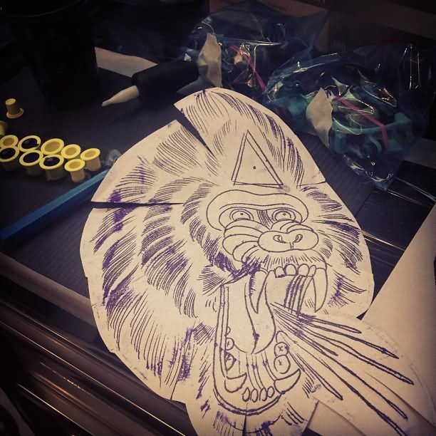 Colorless crying baboon with empty illuminati on forehead tattoo design
