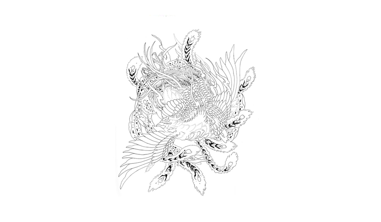 Colorless curled japanese phoenix tattoo design