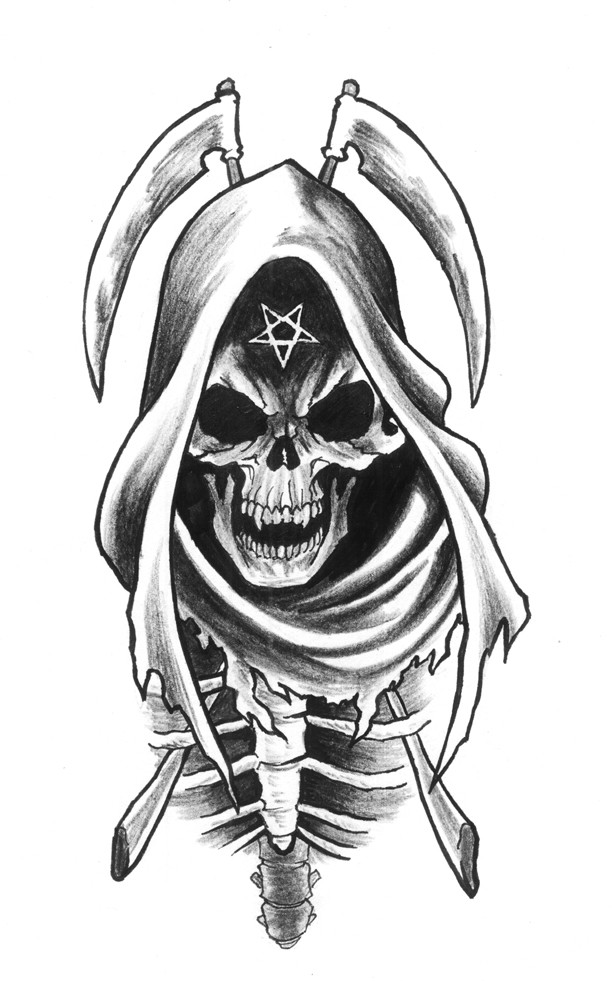 Colorless death head and crossed scythes tattoo design by Ricardo Mendes