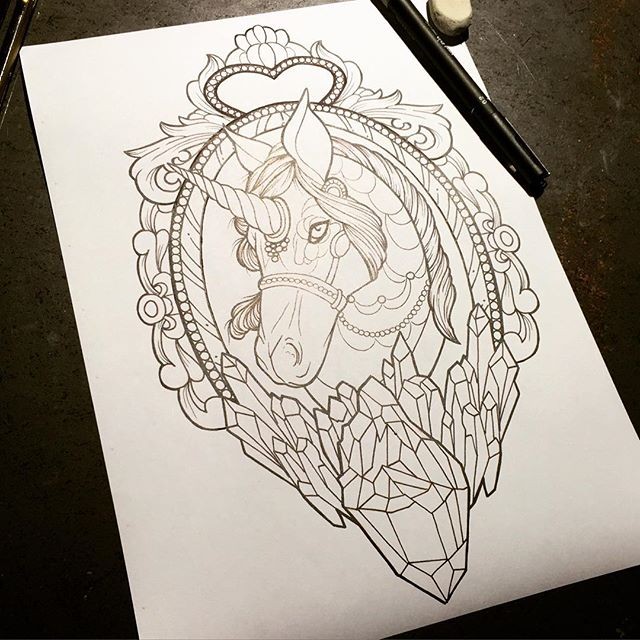 Colorless decorated unicorn portrait with crystals in a mirror frame tattoo design