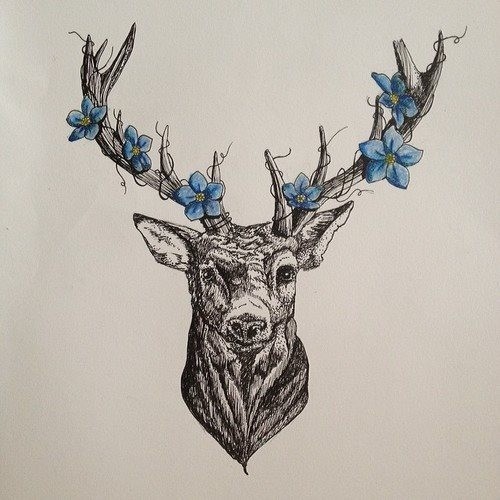 Colorless deer with blue flowered horns tattoo design