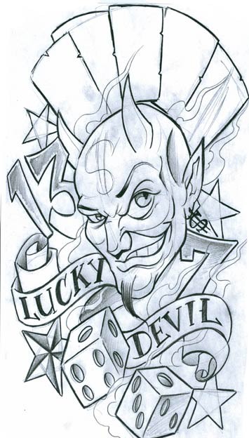 Colorless devil jaker with banner and dice tattoo design
