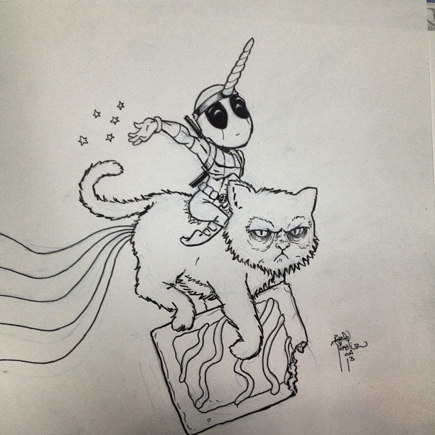 Colorless grumpy cat riding a cookie with unicorn alien tattoo design