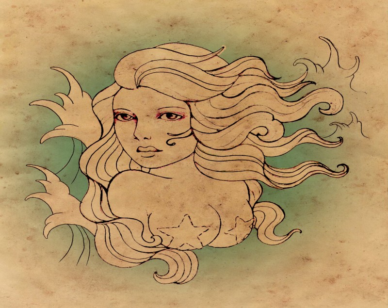 Colorless gypsy mermaid portrait on turquoise background tattoo design