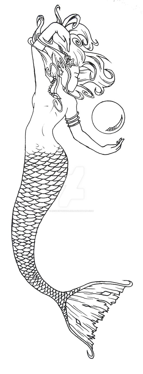 Colorless mermaid from back and crystal bubble tattoo design by Roguewynd Walker