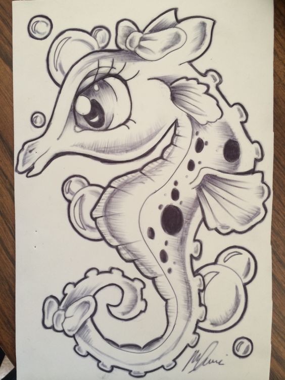 Colorless new school seahorse with bow and huge bubbles tattoo design