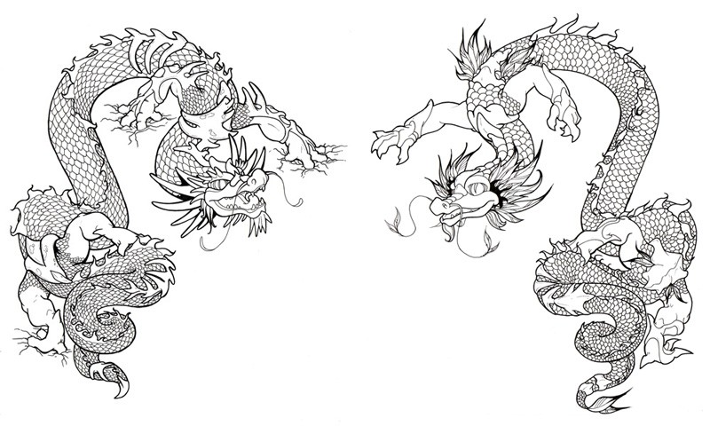 Colorless outline chinese playing dragons tattoo design by Britbrakdown