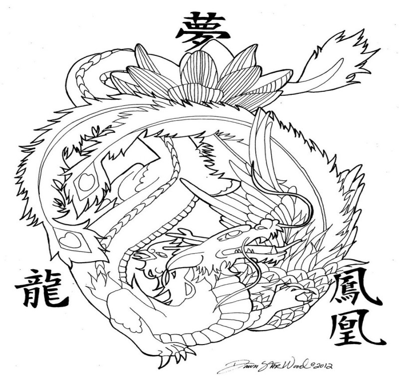Colorless phoenix and dragon with lotus tattoo design by Dawnstarw