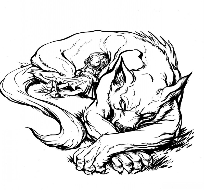Colorless sleeping werewolf with a little girl tattoo design