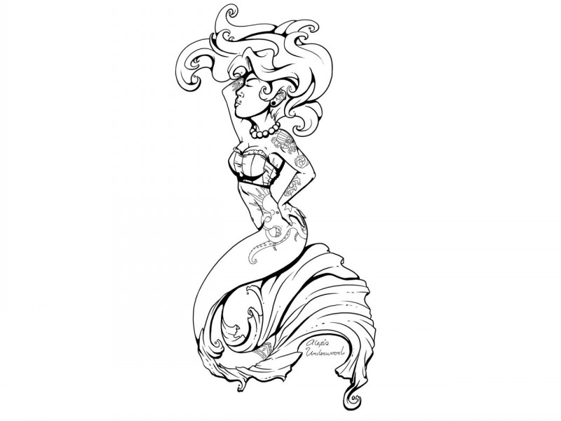 Colorless tattooed mermaid model tattoo design