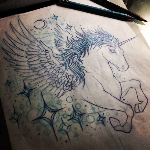 Colorless unicorn with pegasus wings flying among shining stars tattoo design