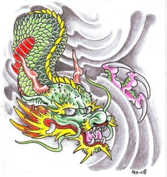 Coloured japanese dragon in grey waves tattoo design by Viking Tattoo