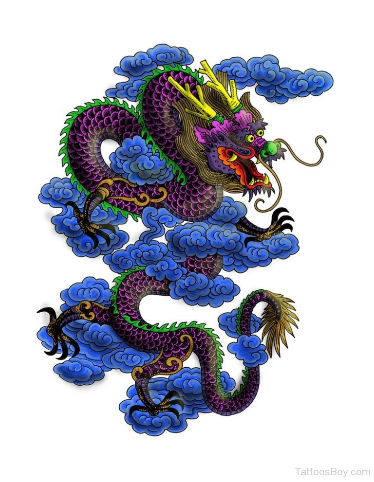 Confused colorful oriental dragon among heavy clouds tattoo design
