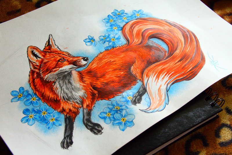 Confused fox in blue flowers tattoo design by Nikasamarina