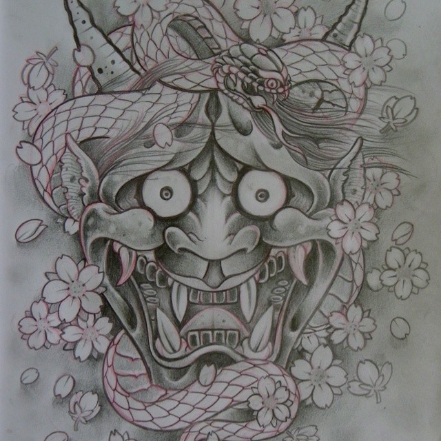 Confused grey-ink japanese devil with a snake and cherry blossom tattoo design
