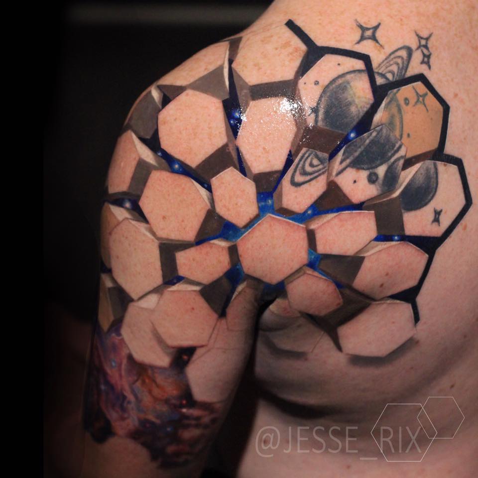 Cool 3d hexagons tattoo on shoulder