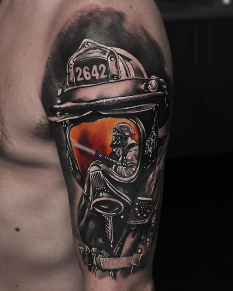 Cool Firefighter tattoo on shoulder