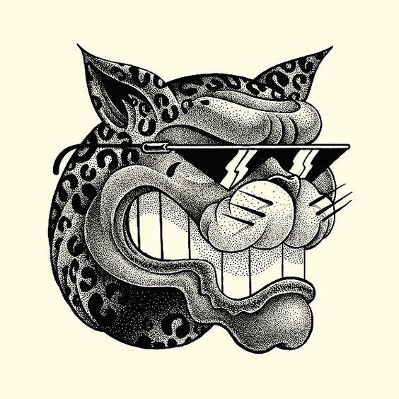 Cool animated dotwork leopard in sunglasses tattoo design