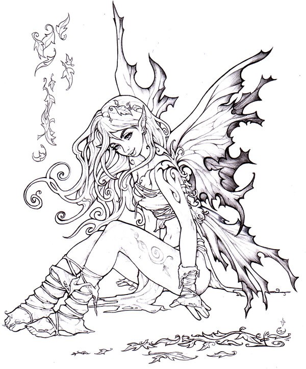 Cool animated sitting fairy with scratched wings tattoo design