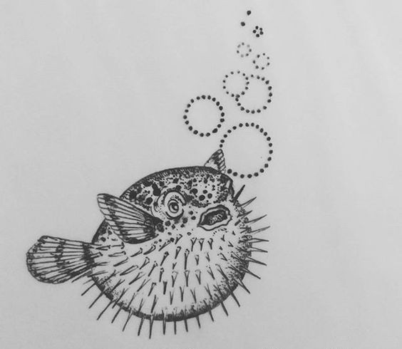 Cool ball-shaped spiny fish with dotted-contour bubbles tattoo design