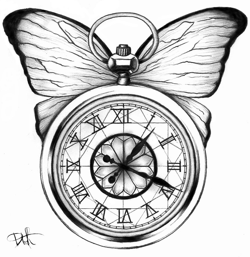 Cool black-and-white butterfly tattoo design with a poket clock by Deep Brain Hole