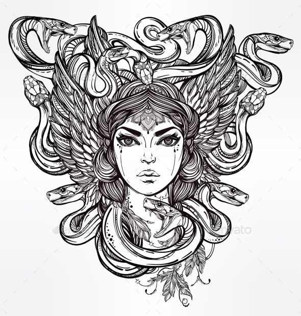 Cool black-and-white medusa gorgona portrait tattoo design