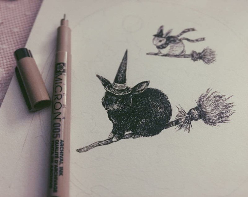 Cool black-and-white rabbit witches flying by besom tattoo design