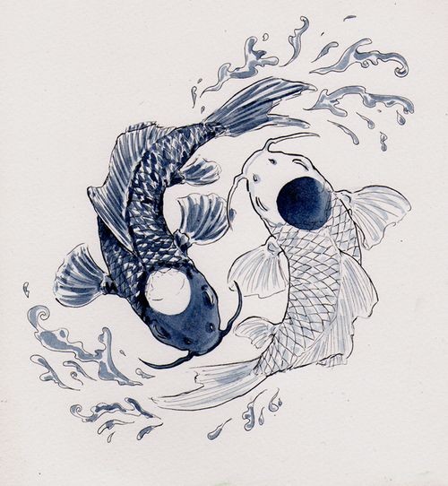 Cool black-and-white yin yang koi fish with water splashes tattoo design