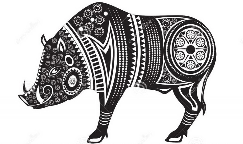 Cool black-ink folk-printed wild pig tattoo design