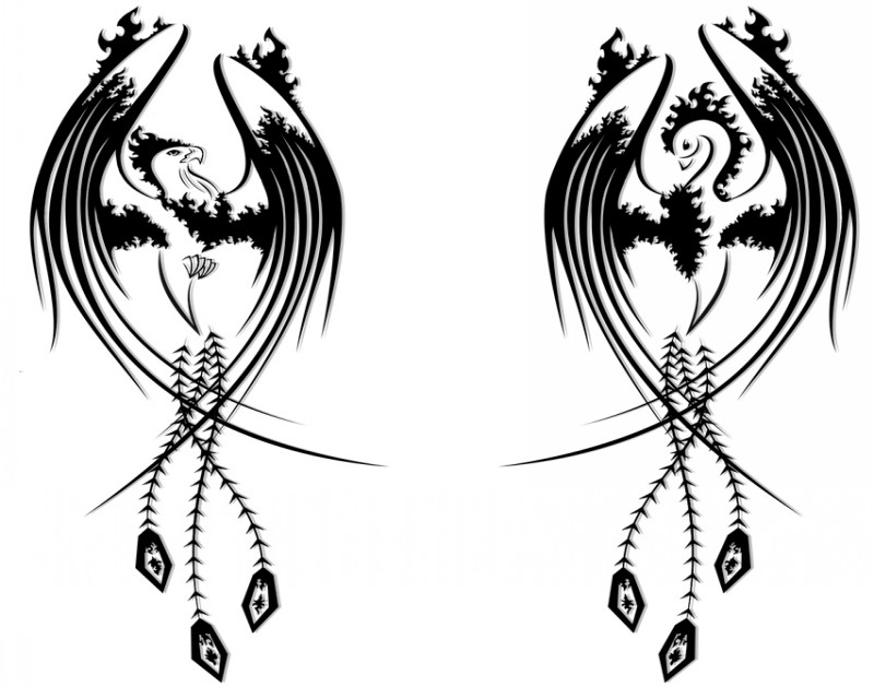 Cool black-ink phoenix birds tattoo design