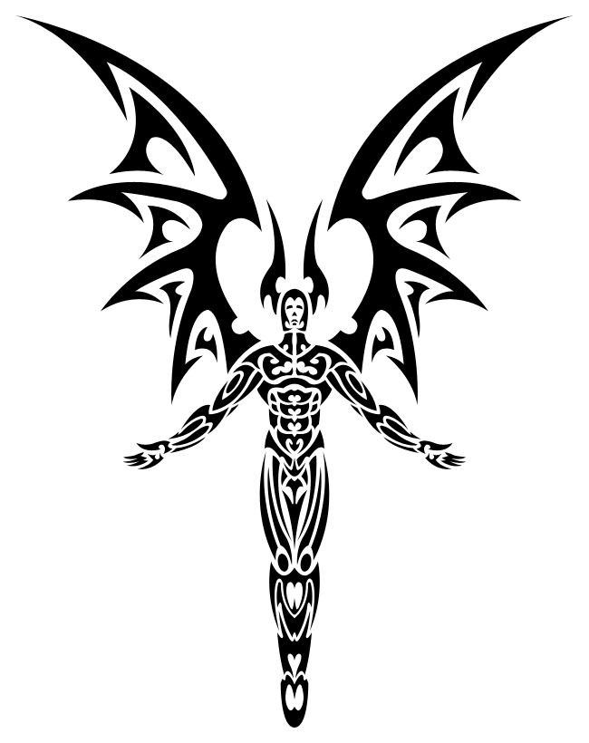 Anjo tribal negro legal em design de tatuagem de tamanho completo
