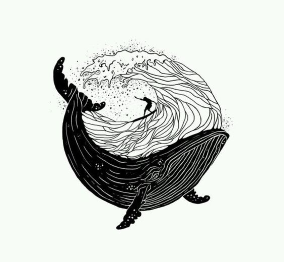 Cool black whale and surfer in waves tattoo design