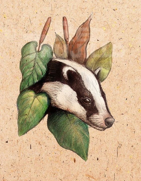 Cool blak-and-white animal head and green reed leaves tattoo design