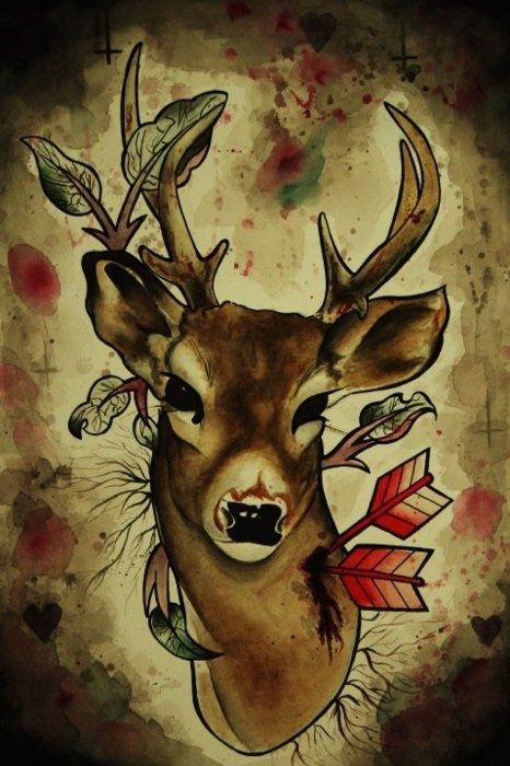 Cool brown deer head killed with red arrows tattoo design